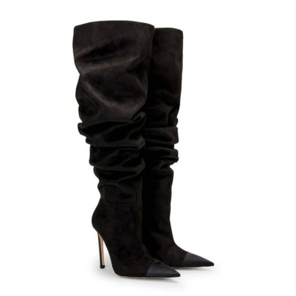 NWT Good American Suede Over the Knee Slouch Boot Women's Black Size 5.5 - Picture 1 of 6